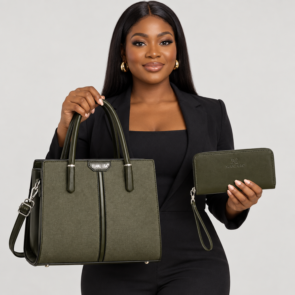Nigerian woman holding olive tote and matching wristlet on plain background