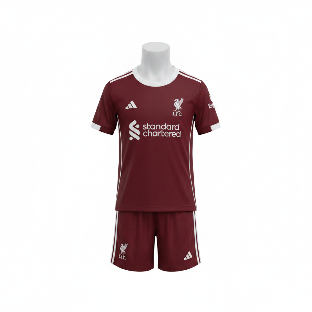 Liverpool FC kids kit ghost mannequin — dark burgundy Adidas jersey with white ribbed collar, stripes and Standard Chartered sponsor