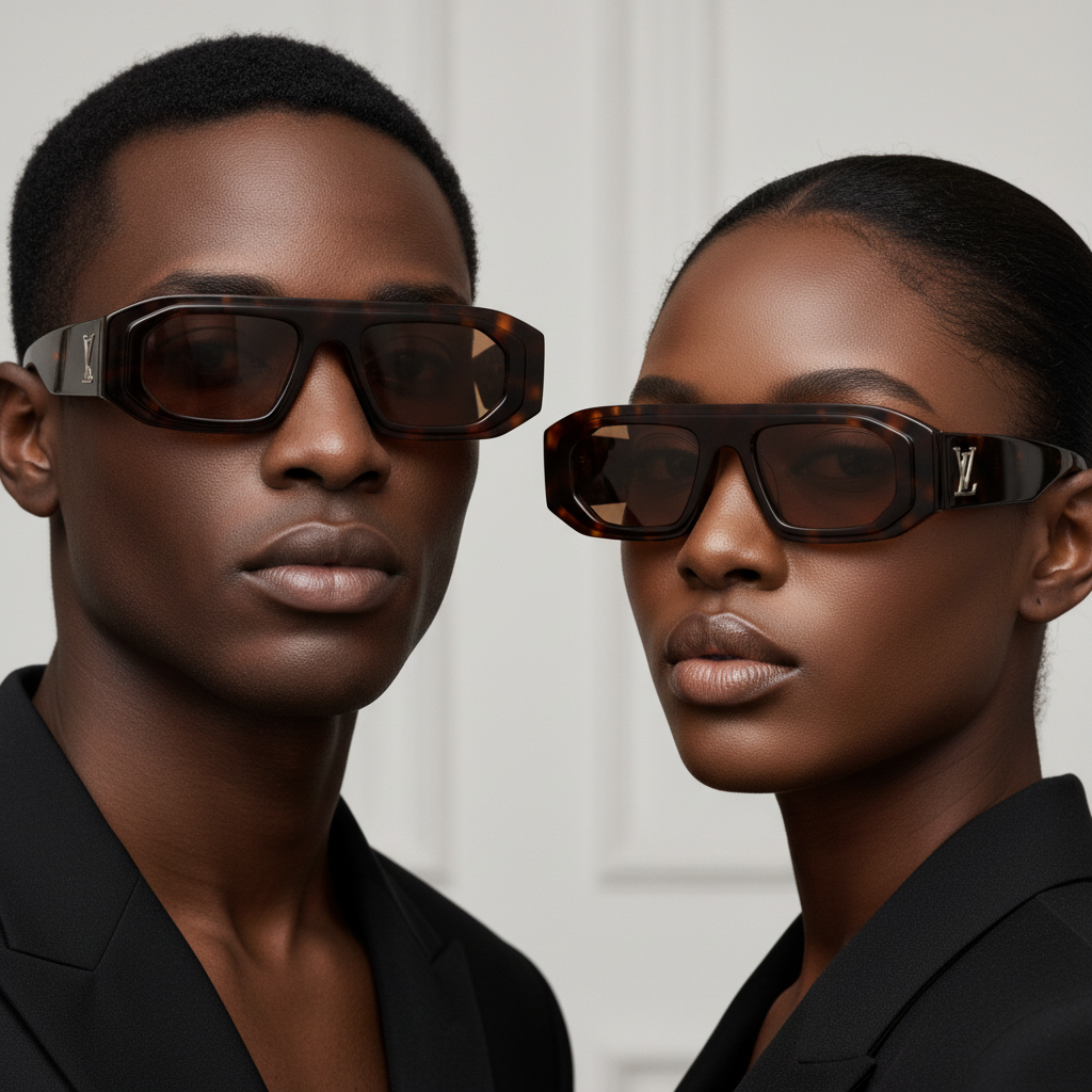 Nigerian male and female models wearing oversized rectangular flat-top sunglasses tortoiseshell frame solid brown tan lens silver logo hardware