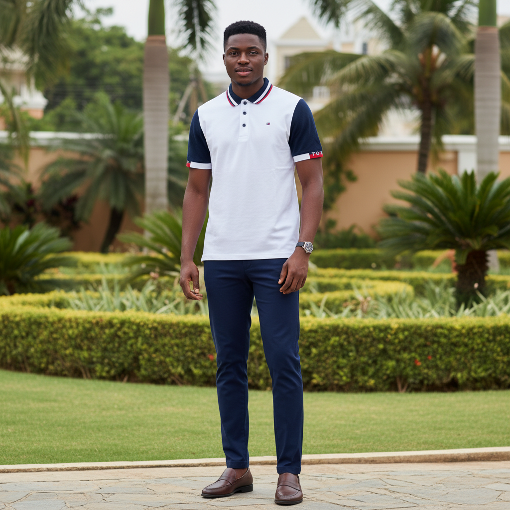 Men's white navy colourblock striped collar polo shirt - model shot