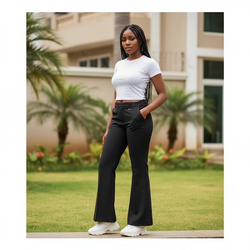 Women's Black Wide-Leg Palazzo Trousers – Nigerian Female Model Shot