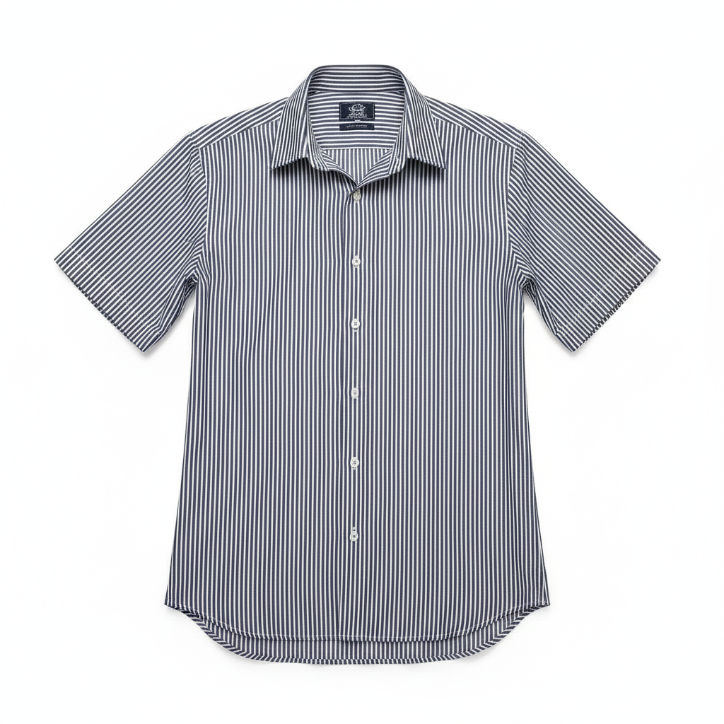 Ghost mannequin of navy blue pinstripe short-sleeved shirt on white background
