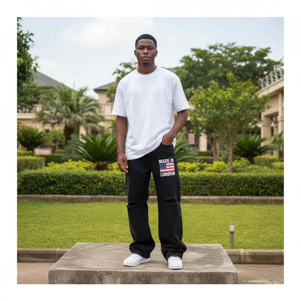 Nigerian male model full body wearing men's black ripped wide-leg graphic denim jeans