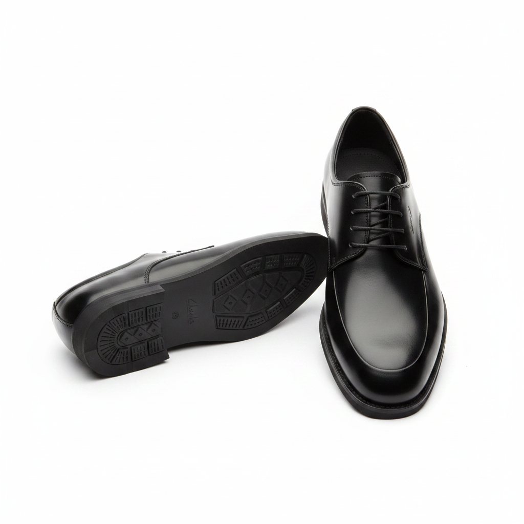 Clarks all-black polished leather apron toe Derby lace-up shoe ghost mannequin product shot, plain white background