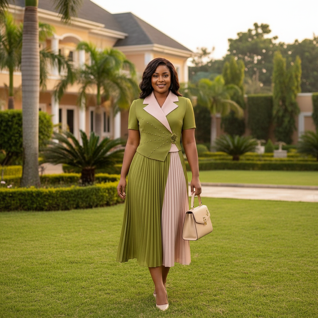 Women's olive green and blush colour-block pleated midi gown – Nigerian model lifestyle shot