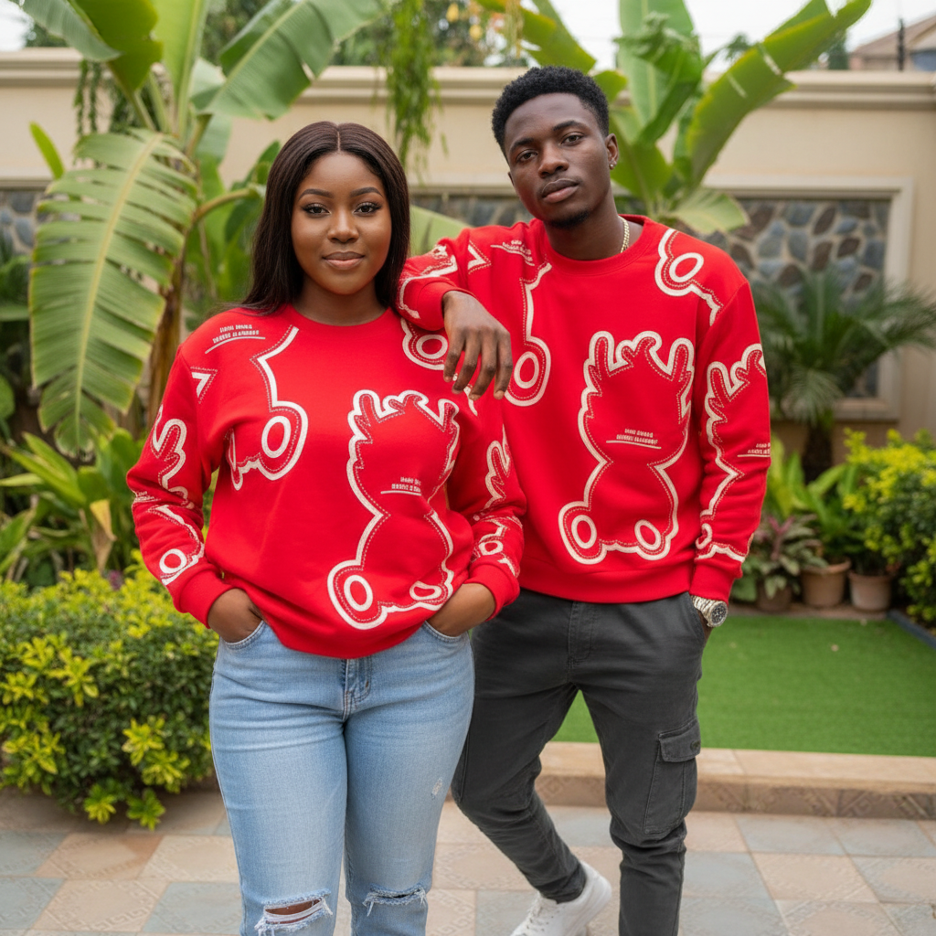 Unisex Red Cartoon Bear All-Over Print Crew-Neck Sweatshirt – Nigerian Female and Male Models