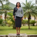 Women's Black & Houndstooth Wrap Belted Peplum Midi Dress – Nigerian Female Model Shot