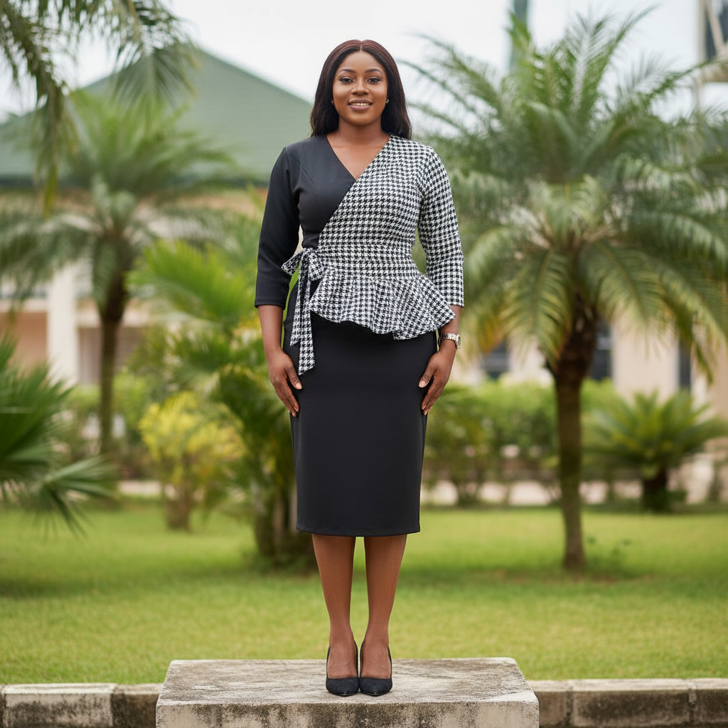 Women's Black & Houndstooth Wrap Belted Peplum Midi Dress – Nigerian Female Model Shot