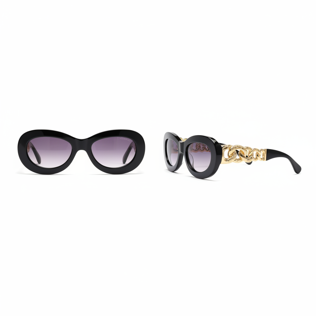 Ghost mannequin view — Oversized Oval Sunglasses Black Gold Chain Temple, front and side view