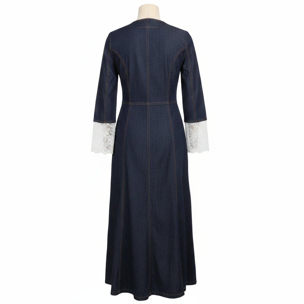 Dark Blue Denim Maxi Dress with Lace Trim - Ghost Mannequin Back