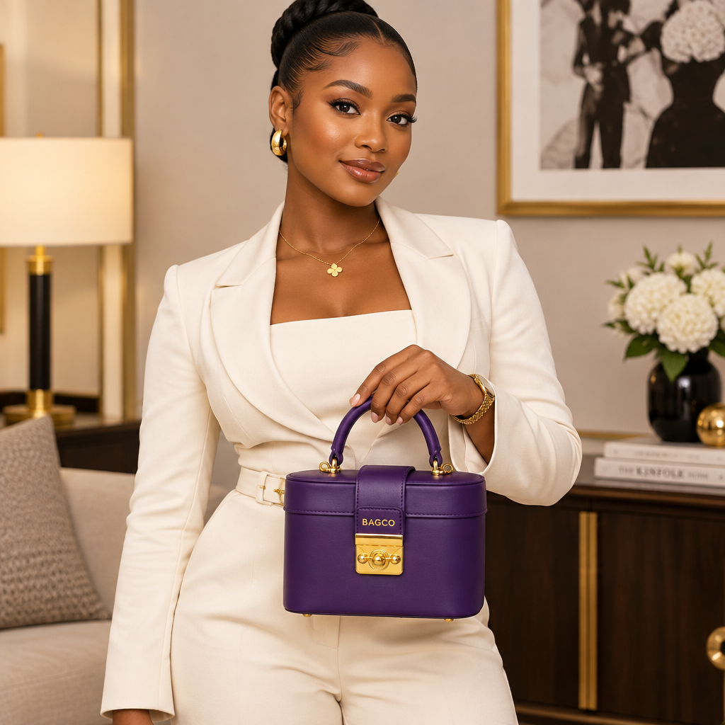 Purple Smooth Leather Mini Box Vanity Bag – Model Shot