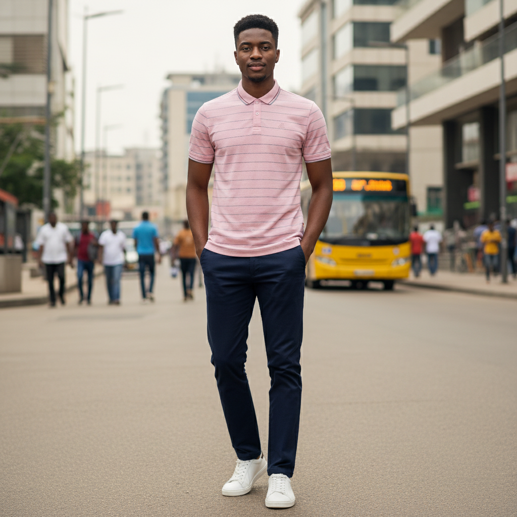 Young Nigerian male model wearing pink striped slim fit polo shirt