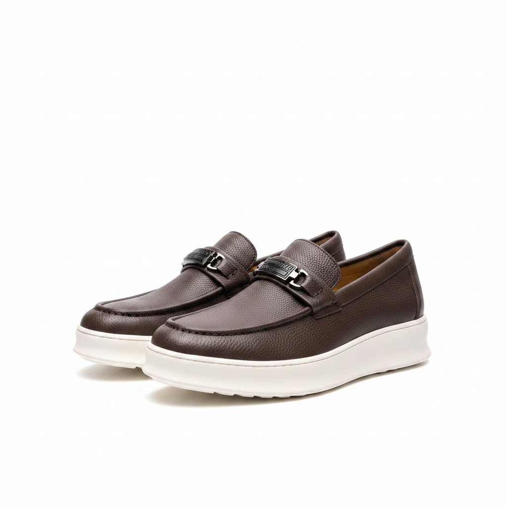 Men's dark brown pebbled leather platform loafers with gunmetal hardware pair product shot