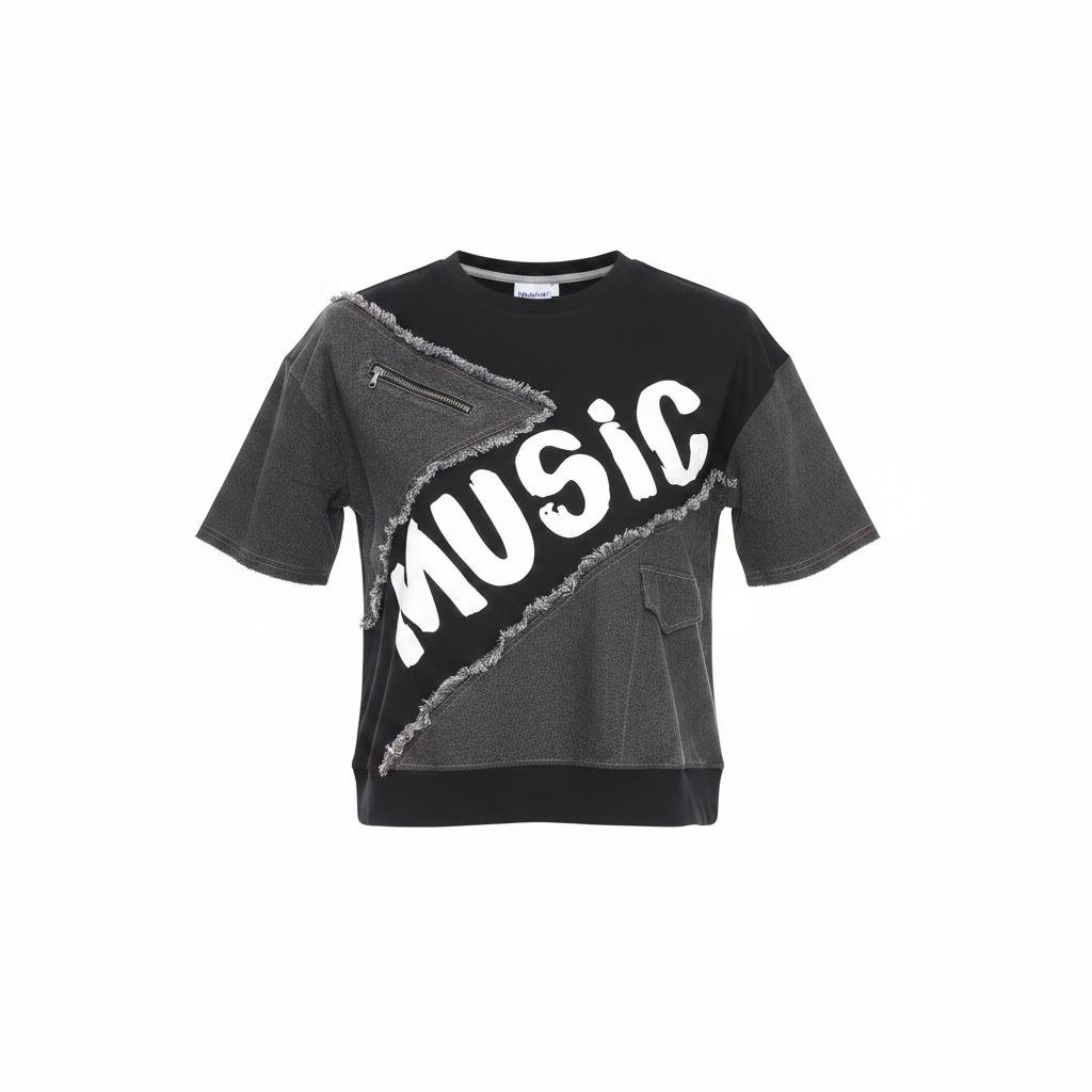 Black Music Graphic Denim Panel Crop Top - Ghost Mannequin