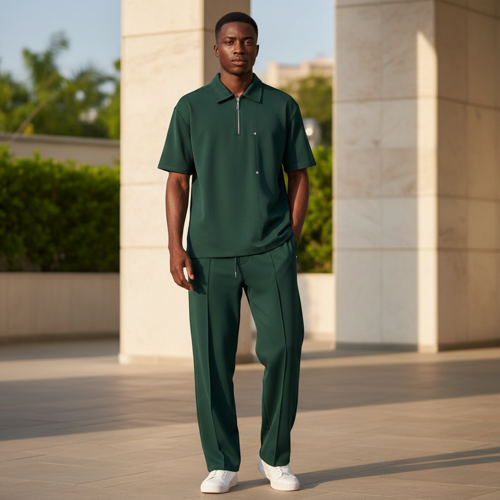 Male model wearing forest green polo and trouser two-piece set