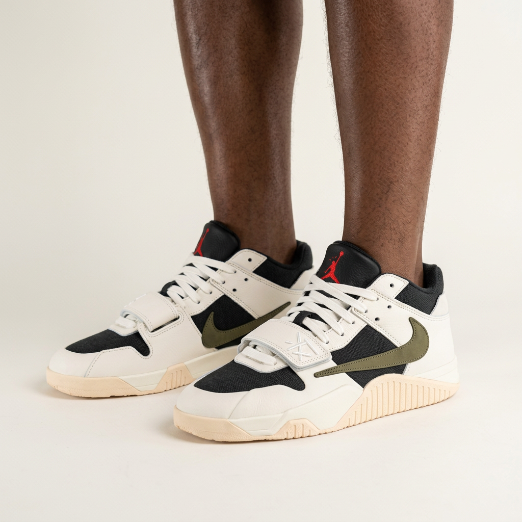 White black and olive strap sneakers worn by a Black male model, both lower legs and feet visible on a plain background