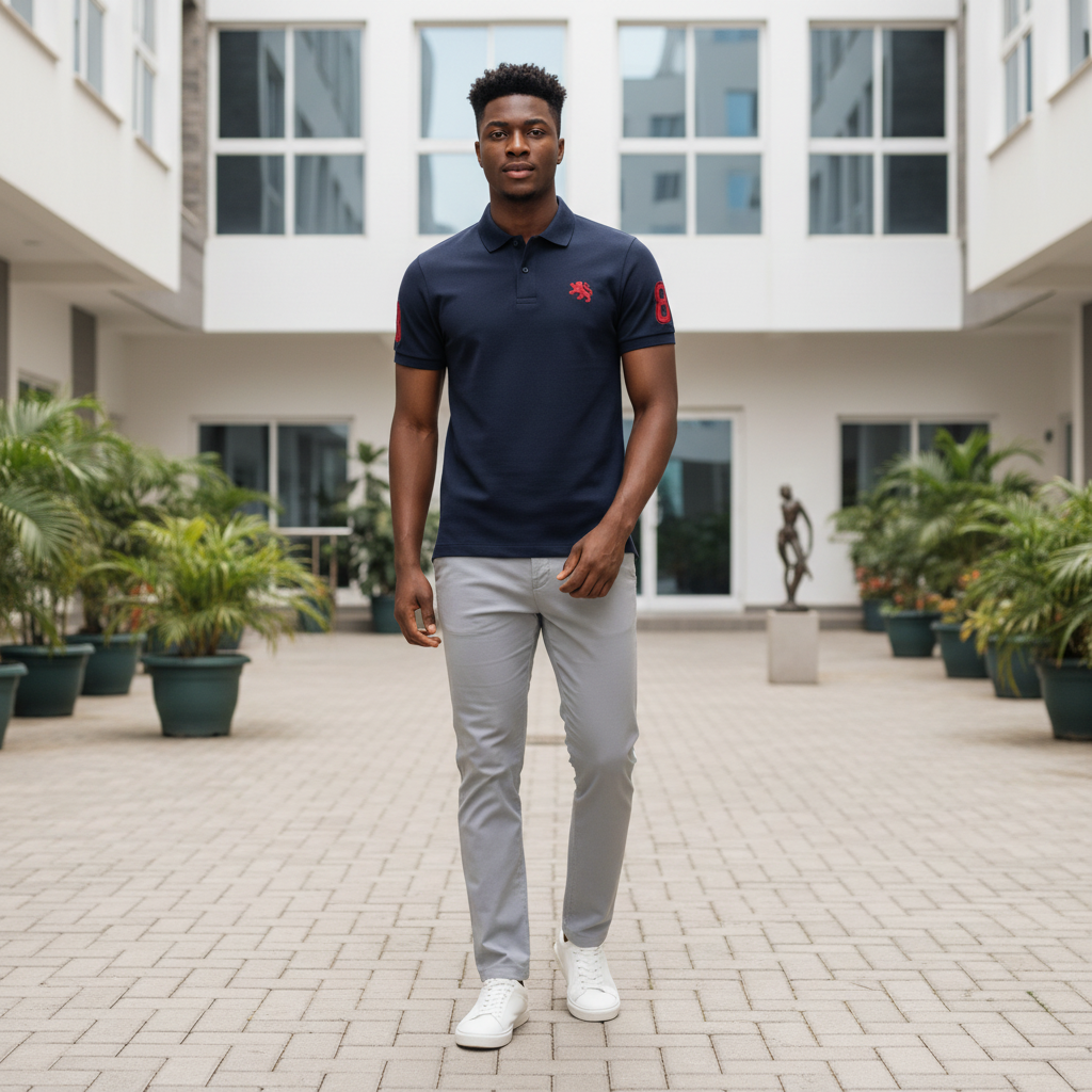Young Nigerian male model wearing navy blue lion embroidery polo shirt