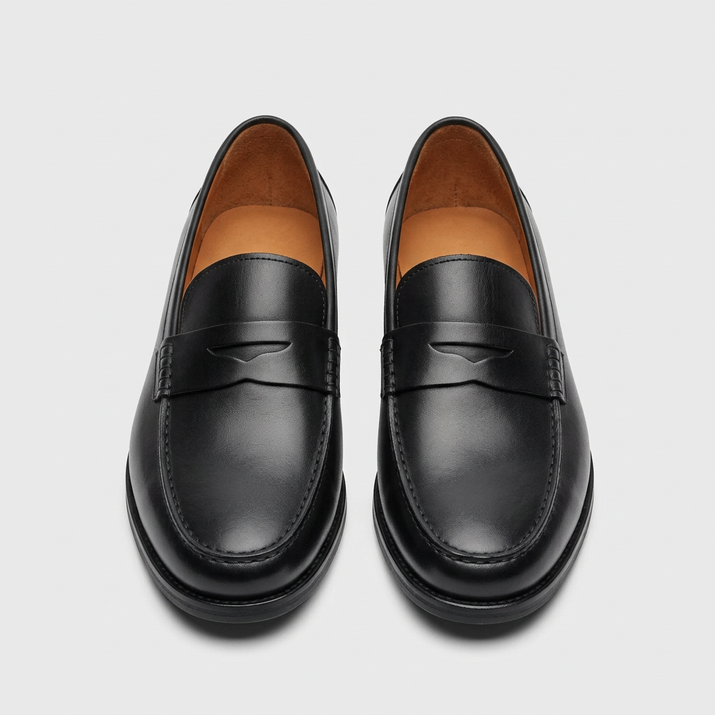 Men's black leather penny loafers, straight-on view of the pair
