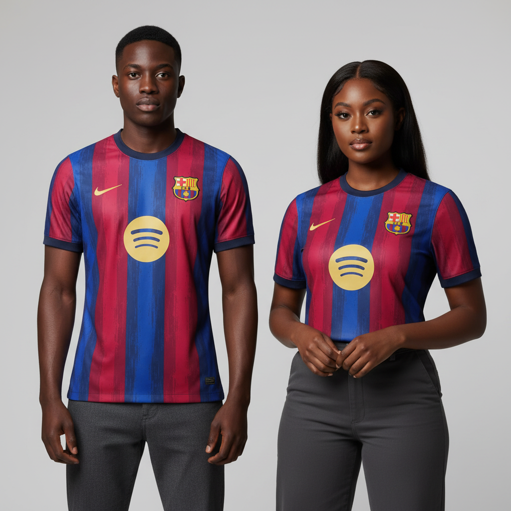 Nigerian male and female models wearing the exact red-and-blue vertical stripe football jersey shown in the ghost image