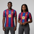 Nigerian male and female models wearing the exact red-and-blue vertical stripe football jersey shown in the ghost image