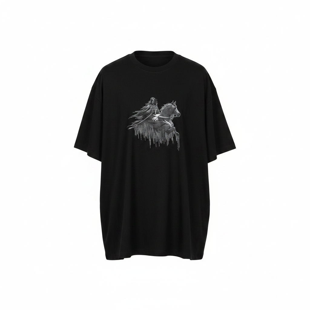 Unisex black warrior on horseback sketch graphic oversized tee – ghost mannequin front view