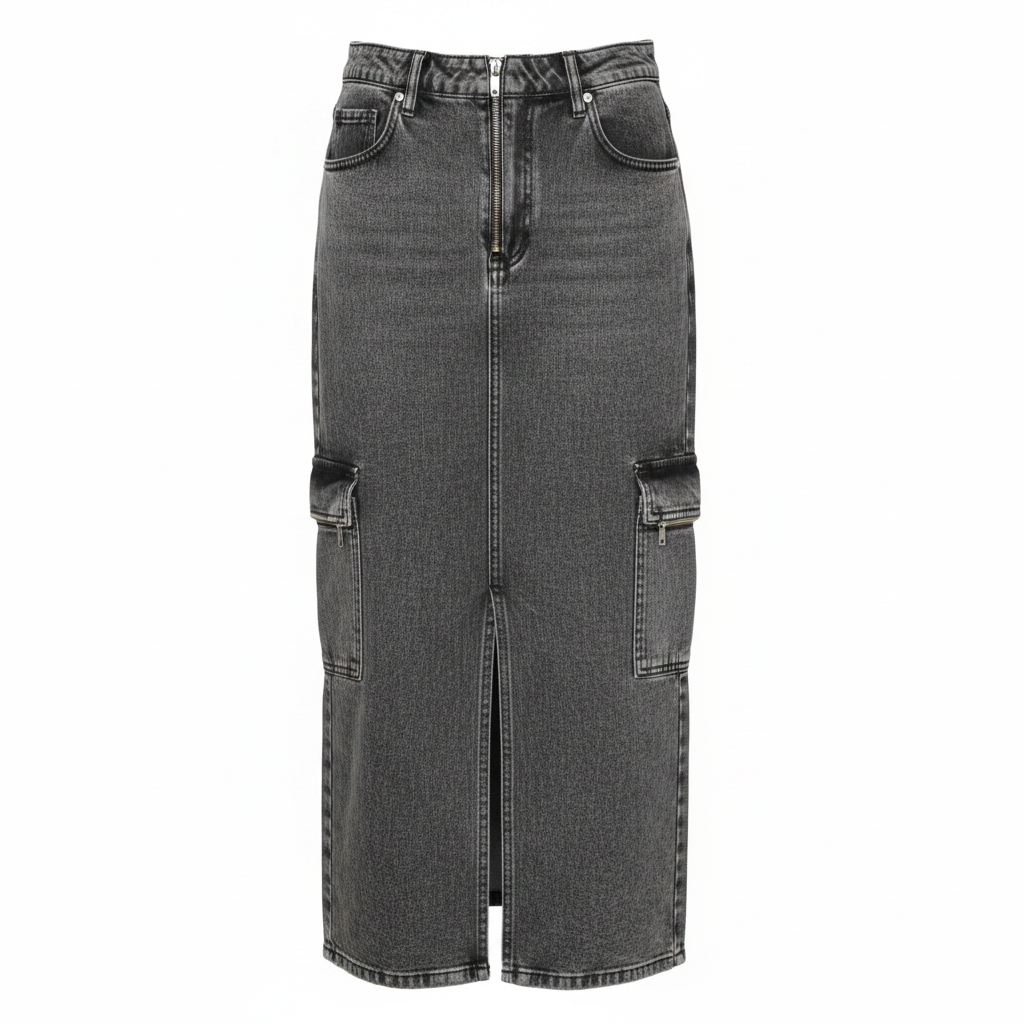 Grey Acid Wash Denim Cargo Midi Skirt - Ghost Mannequin