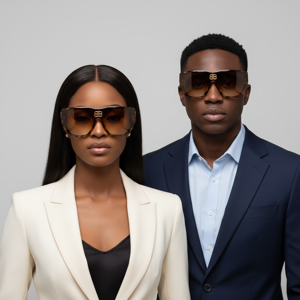 Nigerian female with sleek weavon and male model wearing oversized tortoiseshell shield visor sunglasses with gold logo – editorial medium shot professional grey background