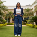 Navy Blue Cargo Wide-Leg Jeans with Floral Knee Embroidery - Model Front View