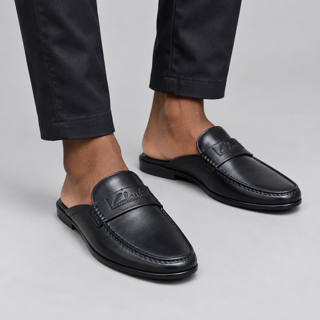 Black Leather Open-Back Mule Loafer – Model Shot