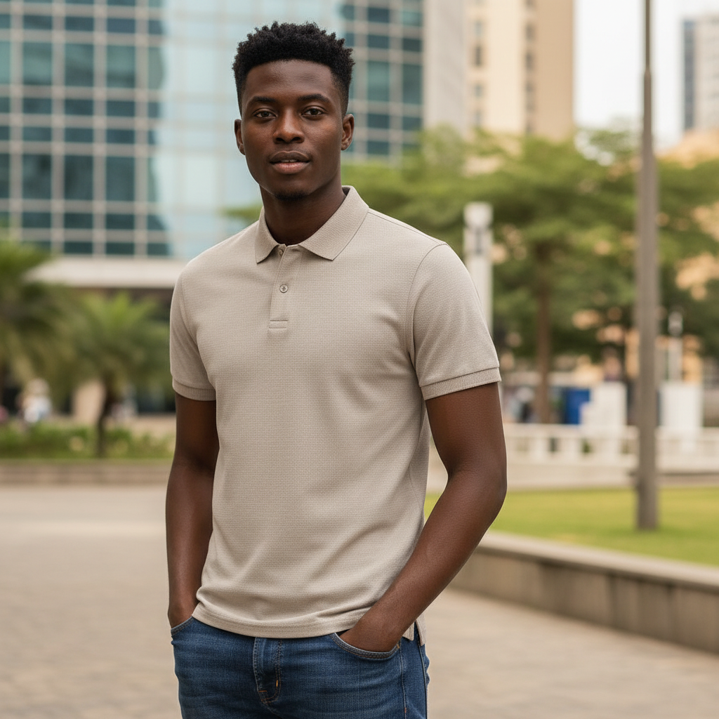 Sand Beige Classic Plain Polo Shirt - Model Shot