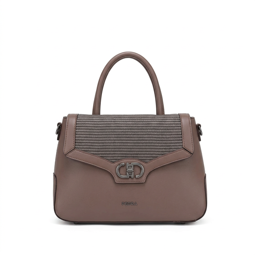 Taupe-brown top-handle handbag with woven-look flap panel and silver-tone clasp on white