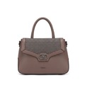 Taupe-brown top-handle handbag with woven-look flap panel and silver-tone clasp on white