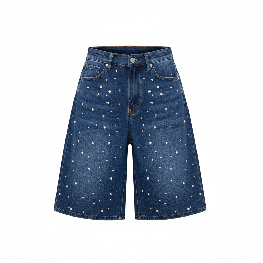 Dark Blue Rhinestone Wide-Leg Denim Shorts - Ghost Mannequin