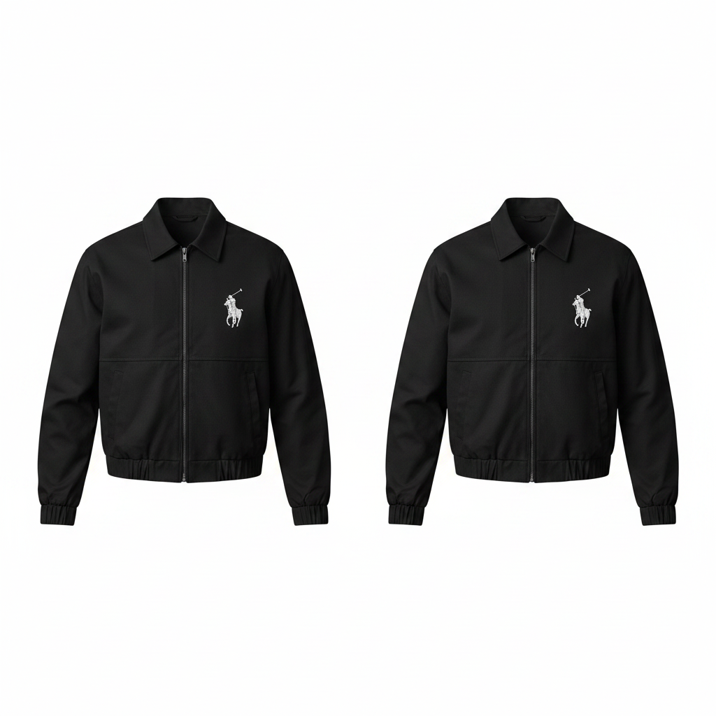 Men's black zip-up coach jacket with white equestrian embroidery on chest, ghost mannequin front view