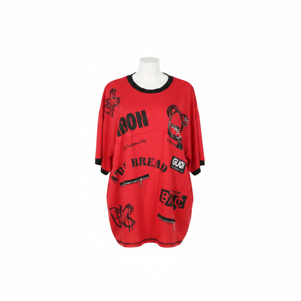 Red Multi-Slogan Graffiti Patch Oversized Top - Ghost Mannequin Front View