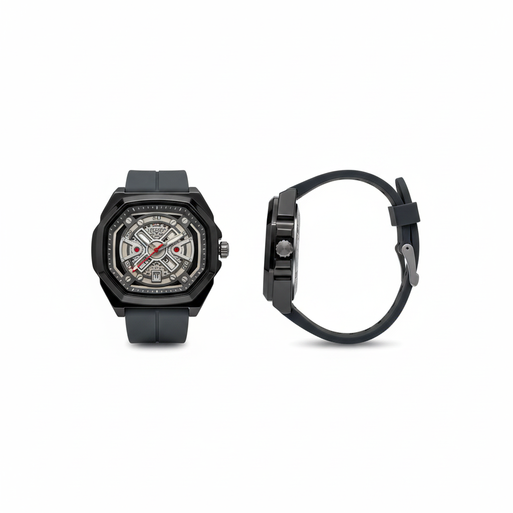Charcoal skeleton-style wristwatch shown from the front and side