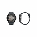 Charcoal skeleton-style wristwatch shown from the front and side
