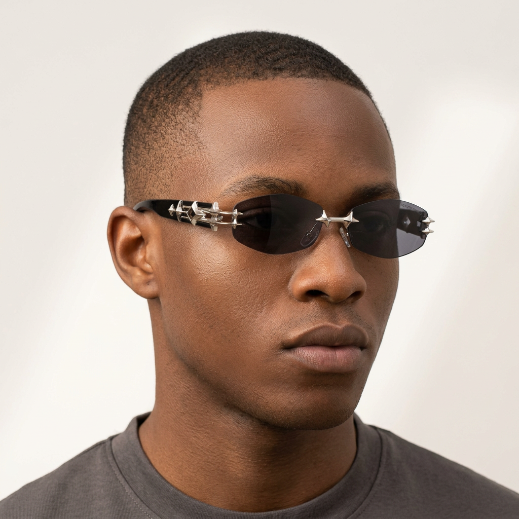 Rimless smoke sunglasses with silver-tone link details worn by a male model