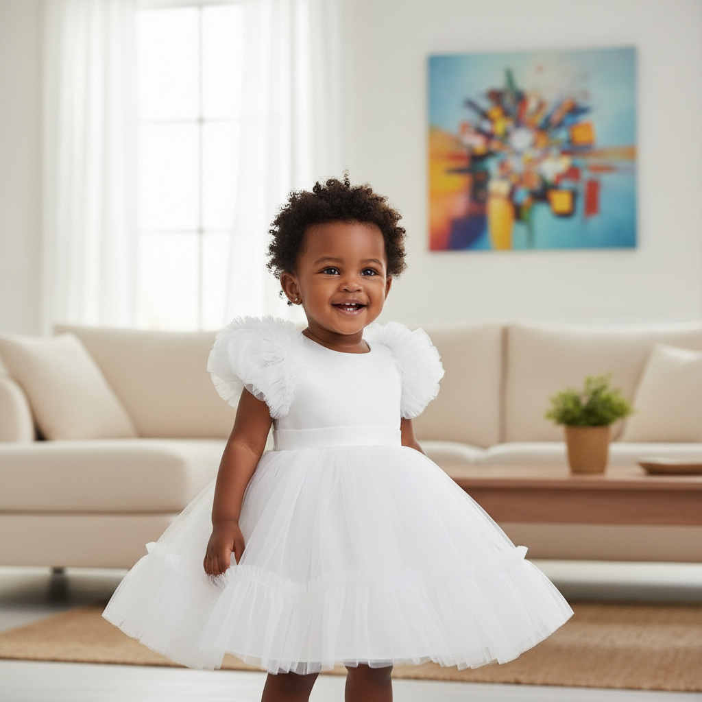 Young Nigerian baby girl wearing white puff sleeve tulle dress