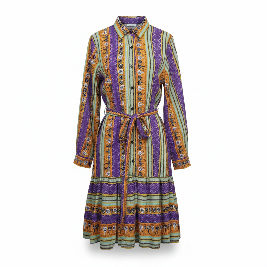 Tribal Stripe Ruffle Shirt Dress Purple Gold - Ghost Mannequin