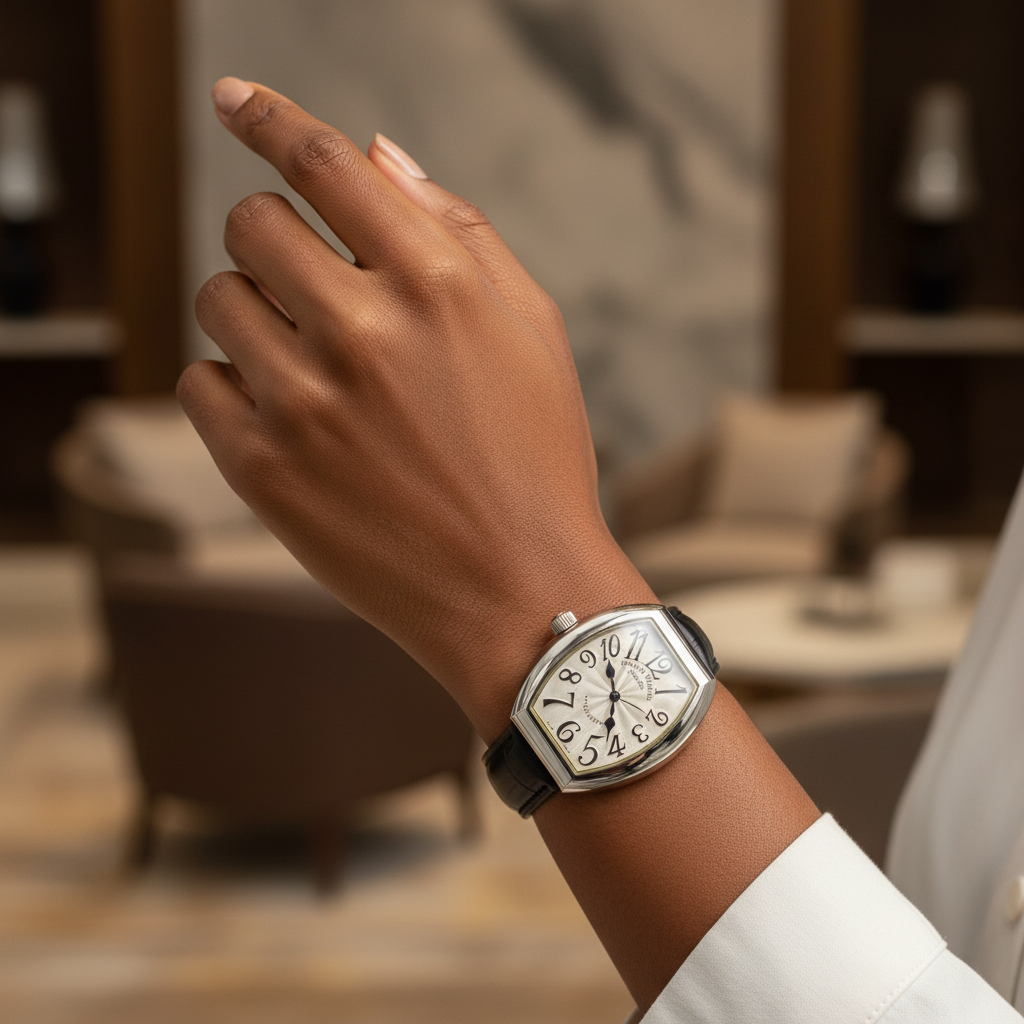 Women's silver tonneau watch cream dial worn on Nigerian model wrist — lifestyle wrist shot