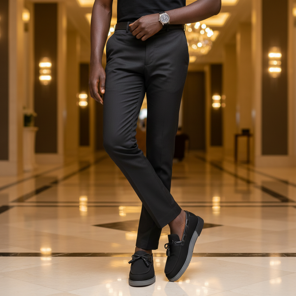 Nigerian male model wearing Berluti Paris all-black perforated tassel loafers, luxury leg focus lifestyle shot
