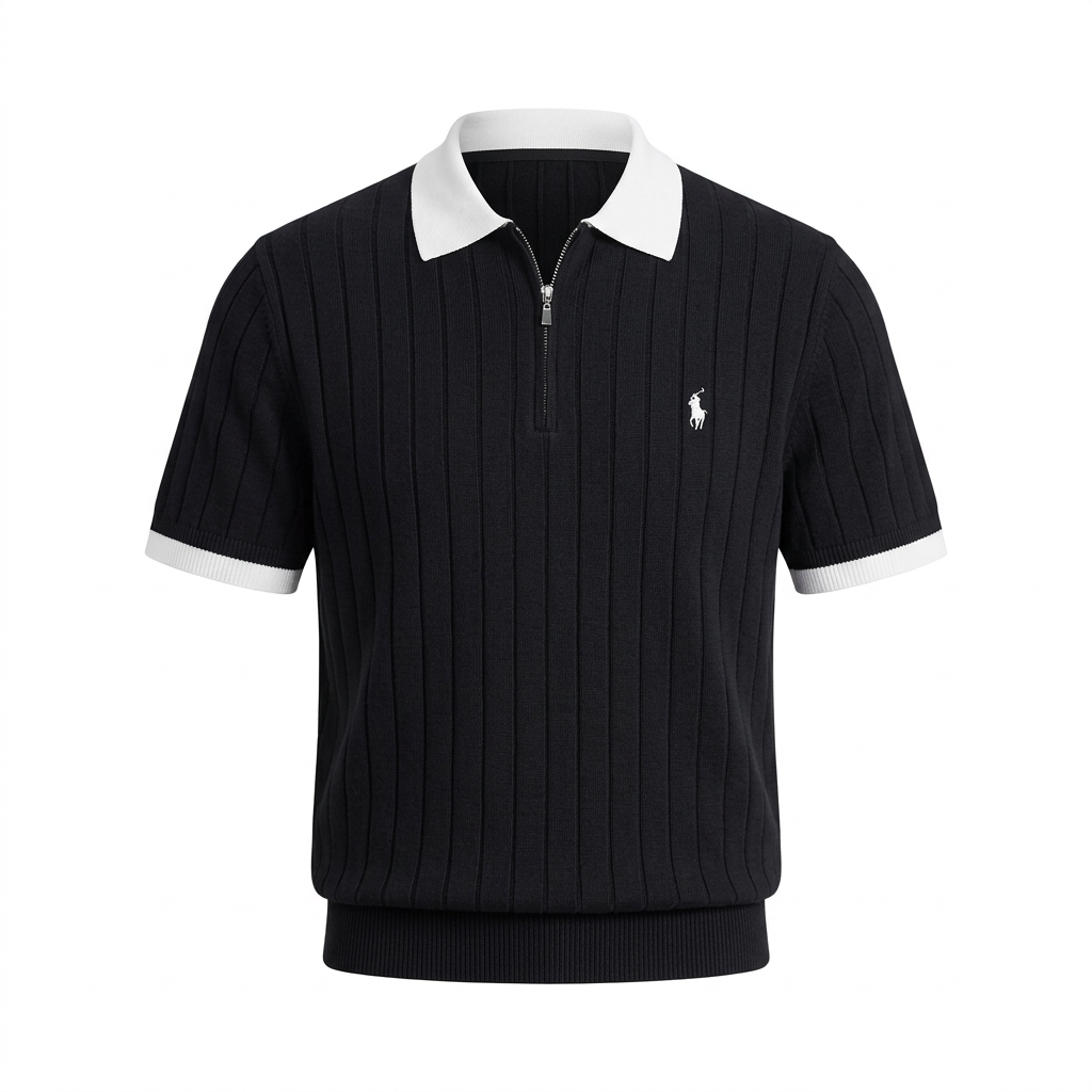 Black textured zip-neck polo with white collar and sleeve trim on an invisible mannequin