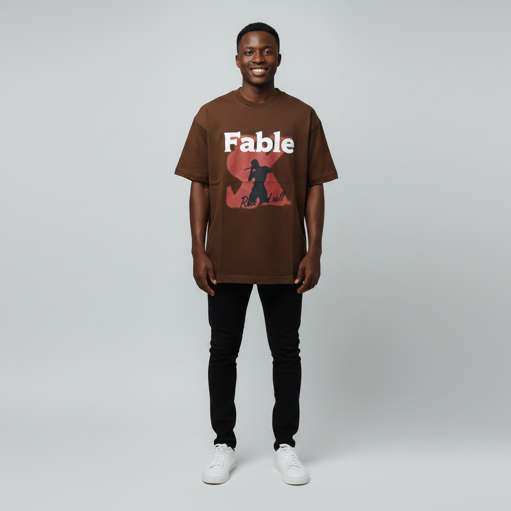 Coffee Brown Fable Rock and Roll Tee - Model Front