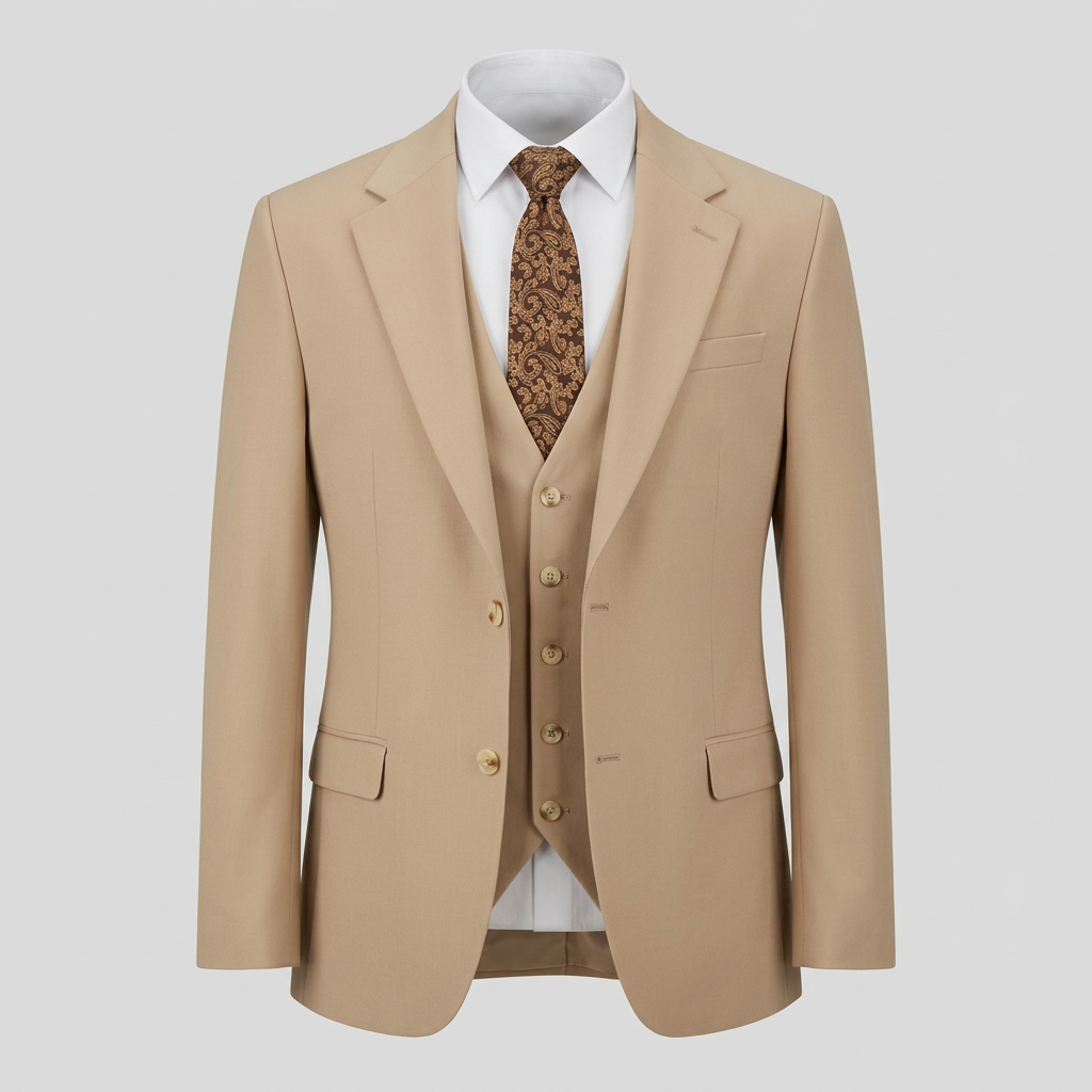 Beige notch-lapel suit jacket and waistcoat in ghost mannequin styling