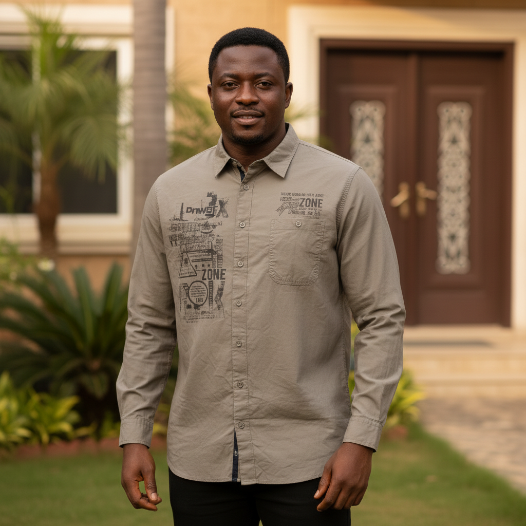 Nigerian male model wearing Khaki Graphic Print Shirt front view