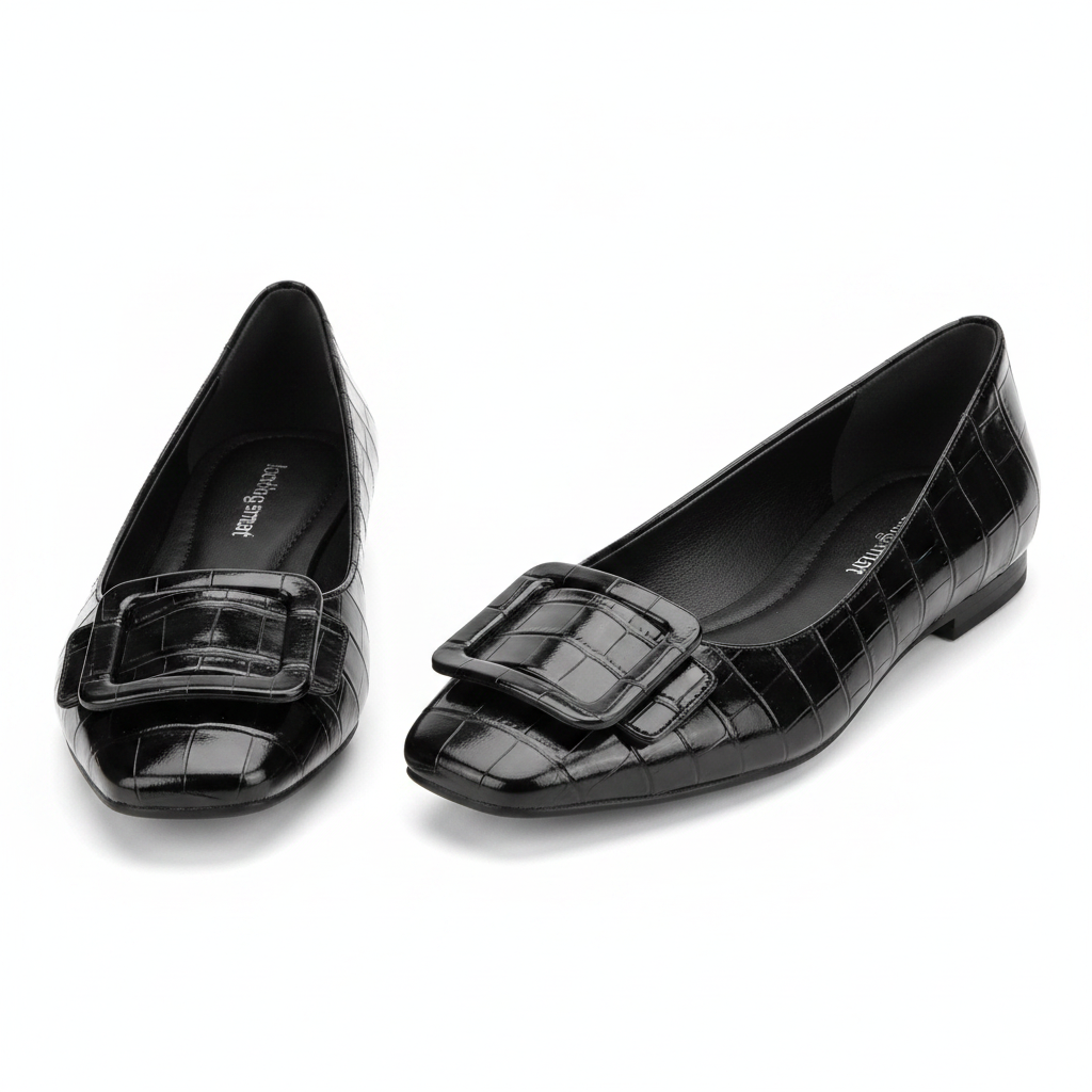 Women's black croc-embossed square buckle ballet flat - ghost mannequin pair view