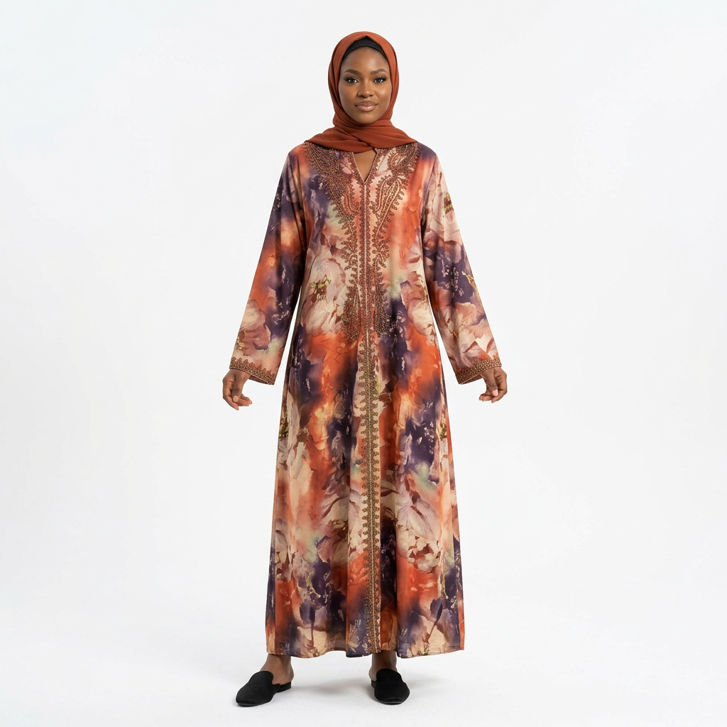 Nigerian woman wearing the rust floral ornate-trim abaya