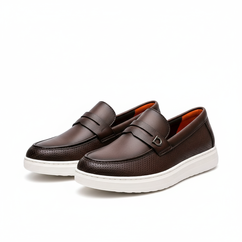 Men's Dark Brown Pebbled Leather Loafer Sneaker – Ghost Mannequin Pair Front and Side View