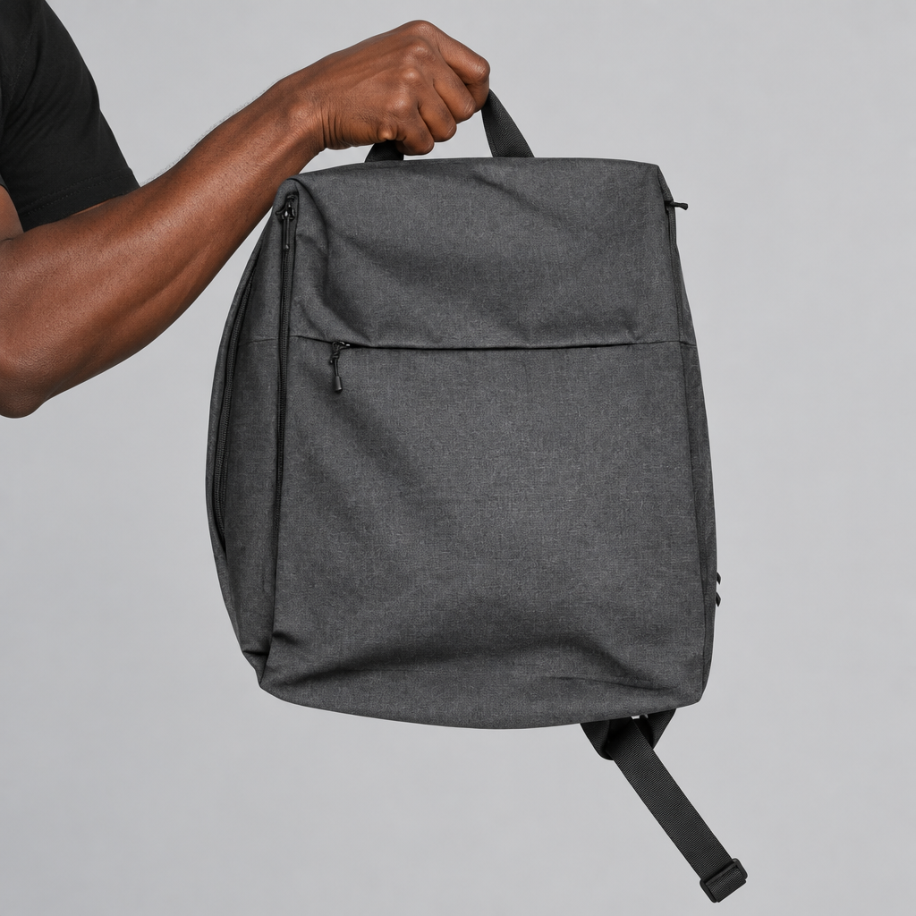 Hand holding the top handle of a charcoal grey flap-top backpack